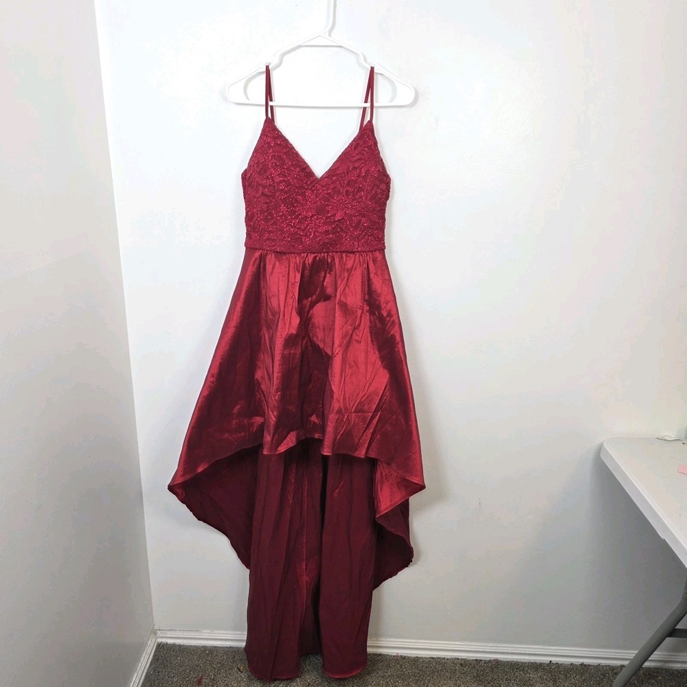 B. Smart Red Sparkle High Low Holiday Prom Feminine Sleeveless Dress Size Small